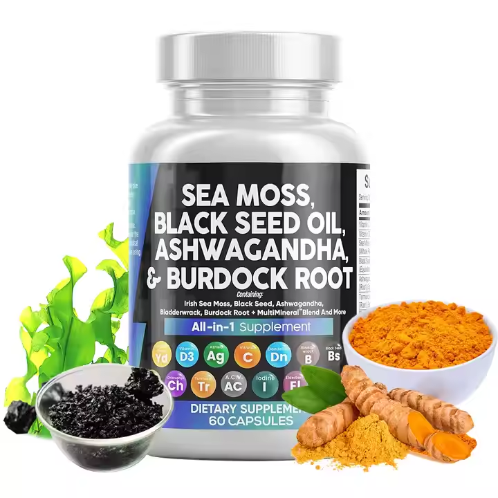 Integratore di olio di semi nero e capsule di muschio marino di Ashwagandha